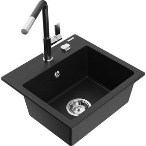 MEXEN/S Milo granitový dřez 1-miska včetně baterie Flora, černá 6505-77-670401-07 obraz