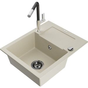 MEXEN/S Enzo granitový dřez 1-miska s odkapávačem včetně baterie Flora, béžová 6506-69-670401-07-B obraz