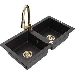 MEXEN/S Mario granitový dřez 2-bowl včetně baterie Elia, černá/stříbrná metalik 6504-73-670101-50 obraz