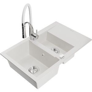 MEXEN/S Gaspar granitový dřez 1.5 s odkapávačem včetně baterie Aster, bílá 6507-20-73450-02 obraz