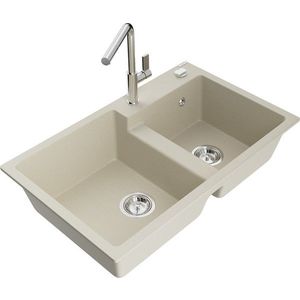 MEXEN/S Tomas granitový dřez 2-bowl včetně baterie Flora, béžová 6516-69-670401-00 obraz