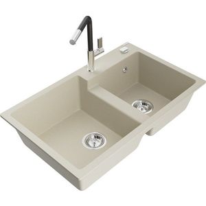 MEXEN/S Tomas granitový dřez 2-bowl včetně baterie Flora, béžová 6516-69-670401-07 obraz