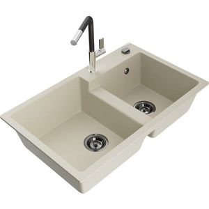 MEXEN/S Tomas granitový dřez 2-bowl včetně baterie Flora, béžová 6516-69-670401-07-B obraz