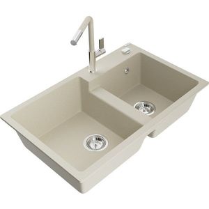 MEXEN/S Tomas granitový dřez 2-bowl včetně baterie Flora, béžová 6516-69-670401-09 obraz