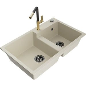 MEXEN/S Tomas granitový dřez 2-bowl včetně baterie Flora, béžová 6516-69-670401-57-B obraz