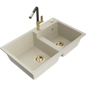 MEXEN/S Tomas granitový dřez 2-bowl včetně baterie Flora, béžová 6516-69-670401-57-G obraz
