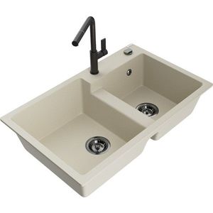 MEXEN/S Tomas granitový dřez 2-bowl včetně baterie Flora, béžová 6516-69-670401-70-B obraz