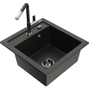 MEXEN/S Vito granitový dřez 1-miska včetně baterie Flora, černá/zlatá metalik 6503-75-670401-07-B obraz
