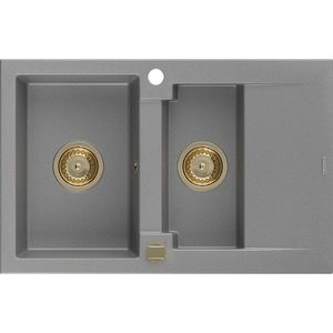 MEXEN/S Gaspar granitový dřez 1.5 s odkapávačem 737 x 475 mm, šedý, zlatý sifon 6507731505-71-G obraz