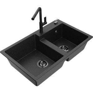 MEXEN/S Tomas granitový dřez 2-bowl včetně baterie Flora, černá/srebrny metalik 6516-73-670401-70-B obraz