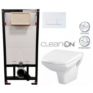 DEANTE Podomítkový rám, pro závěsné WC mísy + SLIM tlačítko bílé + WC CERSANIT CLEANON CARINA + SEDÁTKO CST_WC01 A51P CA2 obraz