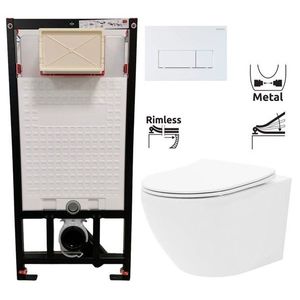 DEANTE Podomítkový rám, pro závěsné WC mísy + SLIM tlačítko bílé + WC REA Carlo Flat Mini Rimless + SEDÁTKO CST_WC01 A51P CF1 obraz