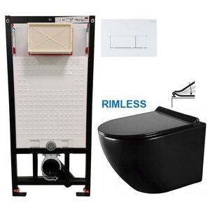 DEANTE Podomítkový rám, pro závěsné WC mísy + SLIM tlačítko bílé + WC MEXEN LENA ČERNÁ Rimless + SEDÁTKO CST_WC01 A51P ME01 obraz