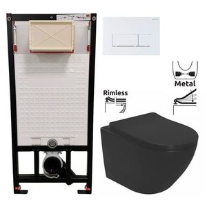 DEANTE Podomítkový rám, pro závěsné WC mísy + SLIM tlačítko bílé + WC REA CARLO MINI RIMLESS ČERNÝ MAT + SEDÁTKO CST_WC01 A51P MM1 obraz