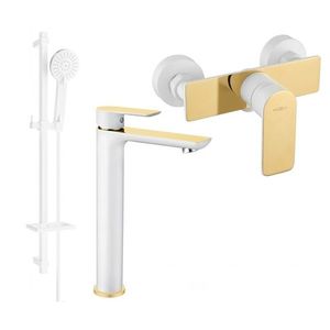 MEXEN/S Alfa DQ40 Set umyvadlové a sprchové baterie s příslušenstvím, bílo/zlatá 745714DQ40-25 obraz