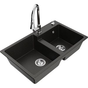 MEXEN/S Tomas granitový dřez 2-bowl včetně baterie Elia, černá/zlatá metalik 6516-75-670101-00 obraz