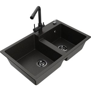 MEXEN/S Tomas granitový dřez 2-bowl včetně baterie Duero, černá/zlatá metalik 6516-75-671600-70-B obraz