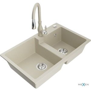 MEXEN/S Tomas granitový dřez 2-bowl včetně baterie Savita, béžová 6516-69-672601-69 obraz