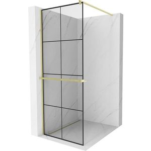 MEXEN/S Kioto+ Sprchová zástěna WALK-IN s poličkou a držákem ručníků 70 x 200, černý vzor, zlatá kartáčovaná 800-070-121-55-77 obraz
