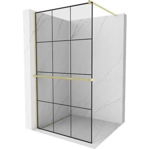 MEXEN/S Kioto+ Sprchová zástěna WALK-IN s poličkou a držákem ručníků 110 x 200, černý vzor, zlatá kartáčovaná 800-110-121-55-77 obraz