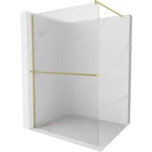 MEXEN/S Kioto+ Sprchová zástěna WALK-IN s poličkou a držákem ručníků 100 x 200, proužky, zlato kartáčovaná 800-100-121-55-09 obraz