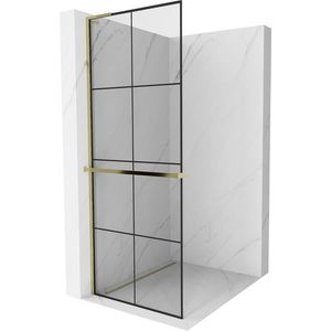 MEXEN/S Kioto+ L Sprchová zástěna WALK-IN s poličkou a držákem ručníků 70 x 200, černý vzor, zlatá 800-070-123-50-77 obraz