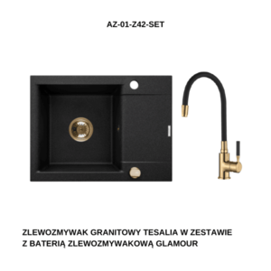 INVENA Granitový dřez TESALIA krátký odkap, černý s automatickým sifonem, zlatý +baterie GLAMOUR AZ-01-Z42-SET obraz