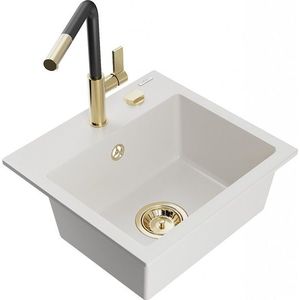 MEXEN/S Milo granitový dřez 1-miska včetně baterie Flora, bílá 6505-20-670401-57-G obraz