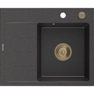 MEXEN/S Ben granitový dřez 1 s odkapávačem pravý 600 x 500 mm, černá kropenatá, sifon zlatá 6523605000-76-G obraz