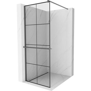 MEXEN/S Kioto+ Sprchová zástěna WALK-IN s poličkou a držákem ručníků 70 x 200, černý vzor, grafit metal 800-070-121-95-77 obraz