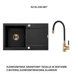INVENA Granitový dřez TESALIA dlouhý odkap, černý s automatickým sifonem, zlatý + baterie GLAMOUR AZ-01-Z43-SET obraz