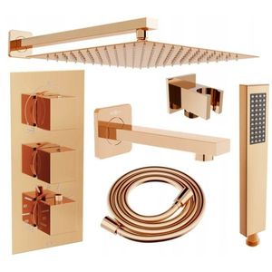 MEXEN/S Cube DR02 podomítkový vanový SET s vytokovou hubicí + slim sprcha 25, růžové zlato 77503DR0225-60 obraz