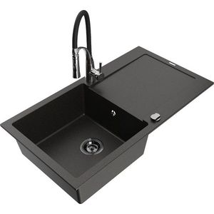 MEXEN/S Leo granitový dřez 1 s odkapávačem včetně baterie Aster, černá/zlatá metalik 6501-75-73450-07-B obraz