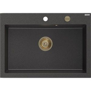 MEXEN/S Elix granitový dřez 1-miska 700 x 500 mm, černá kropenatá, sifon zlatá 6526701005-76-G obraz