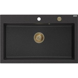MEXEN/S Elix granitový dřez 1-miska 800 x 500 mm, černá/stříbrná metalik, sifon zlatá 6527801005-73-G obraz