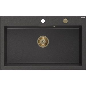 MEXEN/S Elix granitový dřez 1-miska 800 x 500 mm, černá kropenatá, sifon zlatá 6527801005-76-G obraz