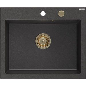 MEXEN/S Elix granitový dřez 1-miska 600 x 500 mm, černá kropenatá, sifon zlatá 6525601005-76-G obraz