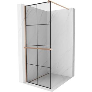 MEXEN/S Kioto+ Sprchová zástěna WALK-IN s poličkou a držákem ručníků 90 x 200, černý vzor, měď kartáčovaná 800-090-121-65-77 obraz