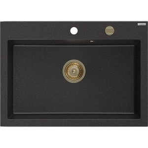 MEXEN/S Elix granitový dřez 1-miska 700 x 500 mm, černá/stříbrná metalik, sifon zlatá 6526701005-73-G obraz