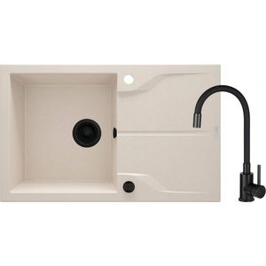 Deante Andante, 1-komorový granitový dřez 780x490x194 mm + černá baterie s elastickým ramenem, béžová, DEA-ZQNN5113 obraz
