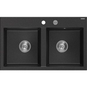 MEXEN Hektor granitový dřez 2-bowl 800 x 480 mm, černá/stříbrná metalik, sifon chrom 6521802000-73 obraz