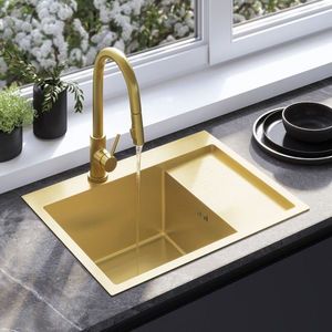 REA Ocelový dřez Fin BRUSH GOLD s kuchyňskou baterií KPL-96013 obraz