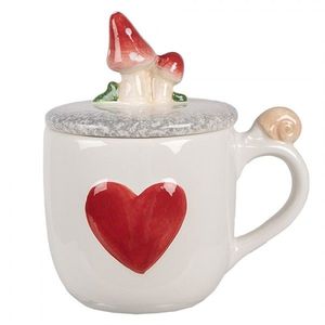 Bílý hrnek se srdíčkem a víčkem s houbičkami - 14*10*9 /15 cm / 400 ml 6CE1702 obraz