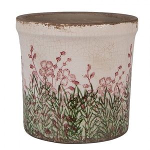 Béžovo-zelený obal na květináč s růžovými květy Rustic Flower M - Ø 15*14 cm 6CE2017M obraz