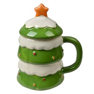 Zelený keramický hrnek vánoční stromek s víčkem - 13*9*16 cm / 350 ml 6CEMU0192 obraz