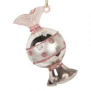 Růžovo-stříbrná skleněná vánoční ozdoba bonbón - Ø 4*8 cm 6GL5276 obraz
