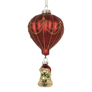 Vánoční skleněná závěsná ozdoba balón s medvídkem - Ø 7*15 cm 6GL5255 obraz