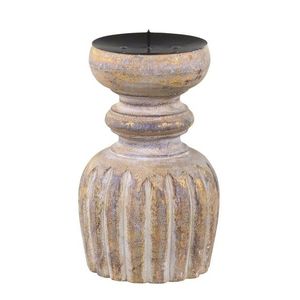 Zlato-přírodní antik dřevěný svícen na sloupovitou svíčku - Ø 9*15 cm 71082300 obraz