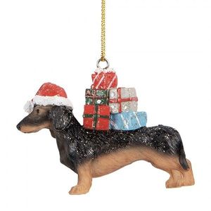 Hnědá závěsná dekorace jezevčík s dárečky - 7*2*6 cm 6PR5667 obraz