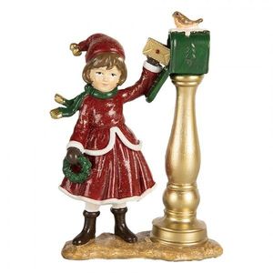 Červeno-zlatá vánoční dekorace dívka u poštovní schránky - 8*4*12 cm 6PR5677 obraz